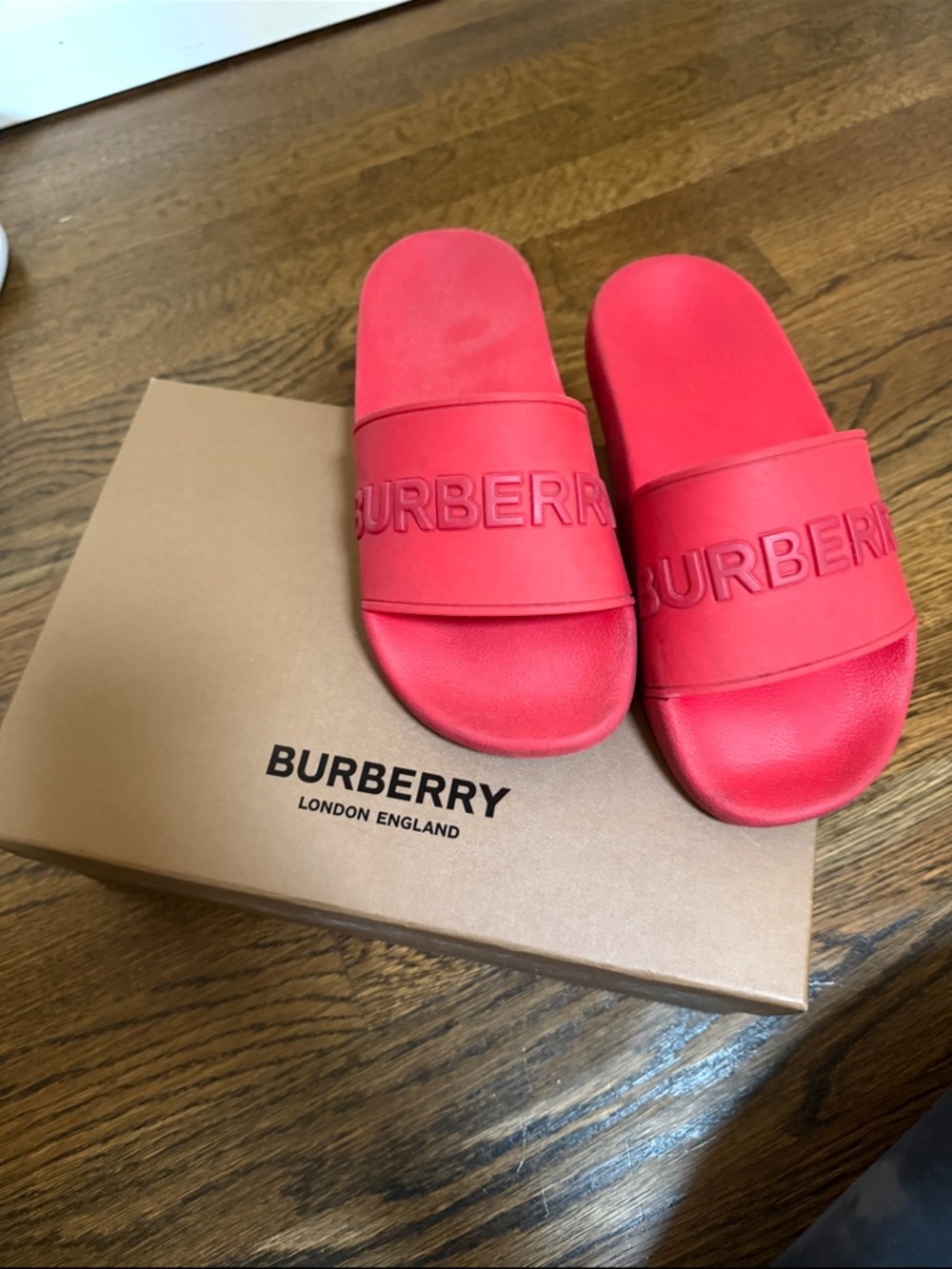 Burberry Red Embossed Logo Slide Sandals